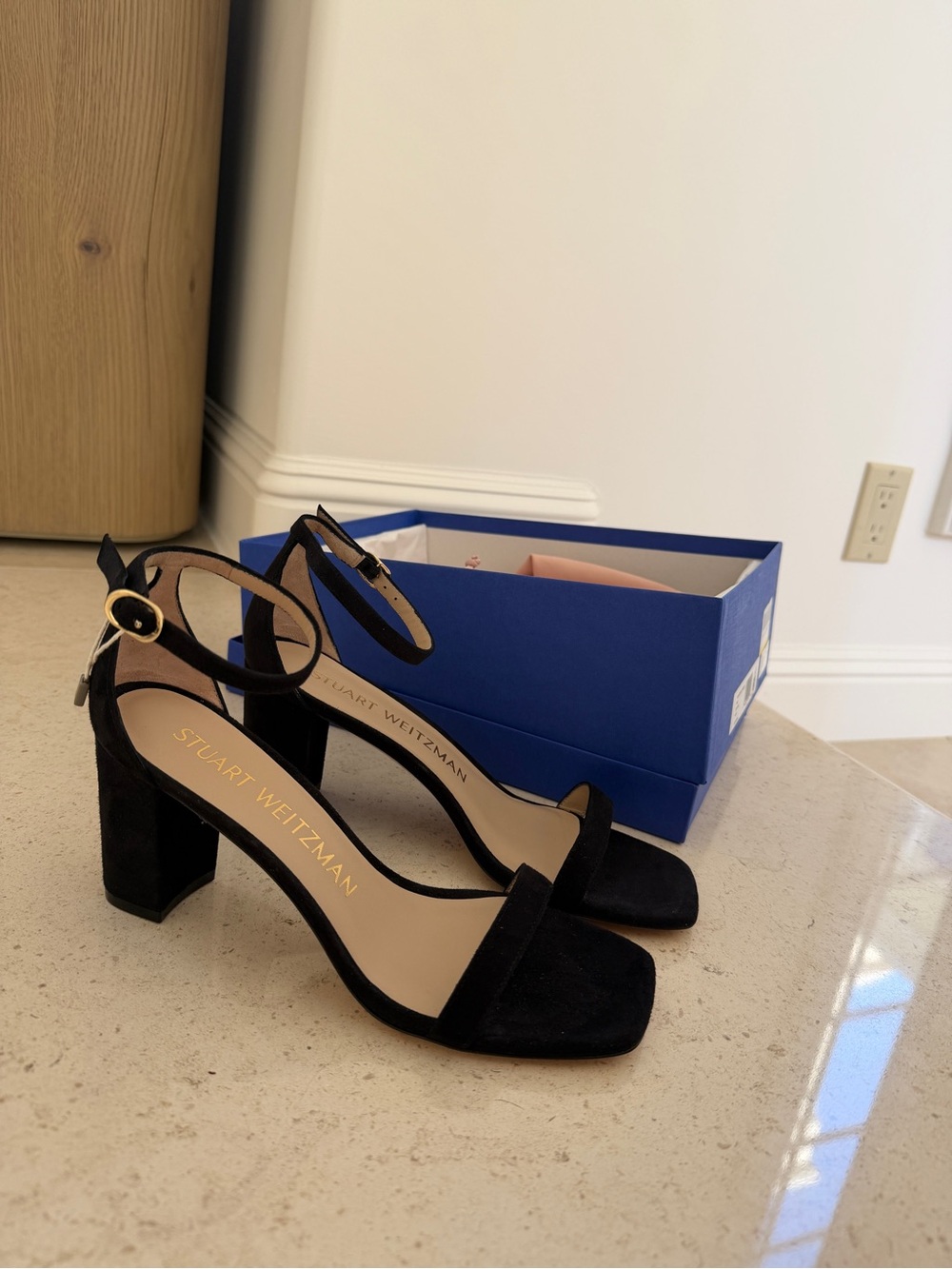 Stuart Weitzman Black Suede Ankle Strap Block Heel Sandals